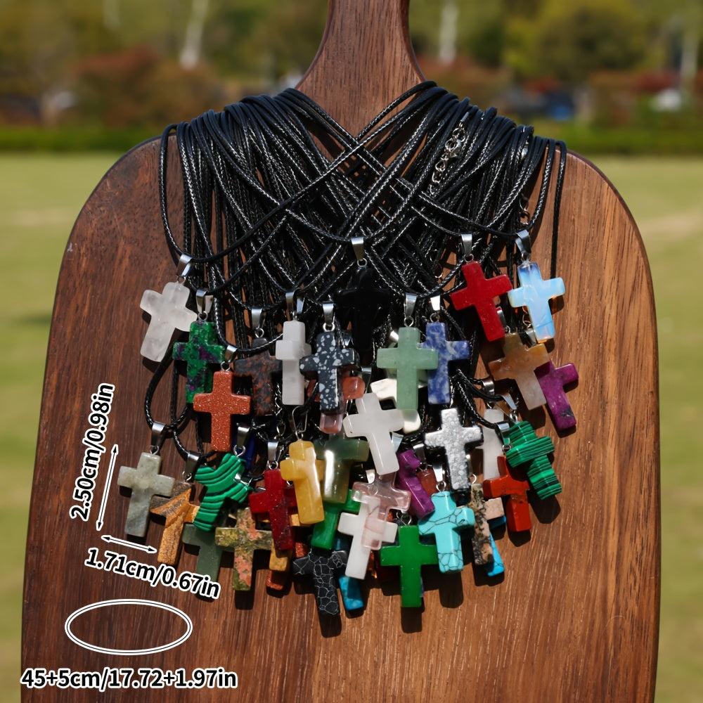 40pcs Natural Stone Cross Pendant & Necklace DIY Kit – 20 Quartz Imitation Gem Cross Pendants + 20 Adjustable Black Faux Leather Necklaces, Bulk Jewelry Making Supplies for Teens Women Bracelets Earrings Crafts