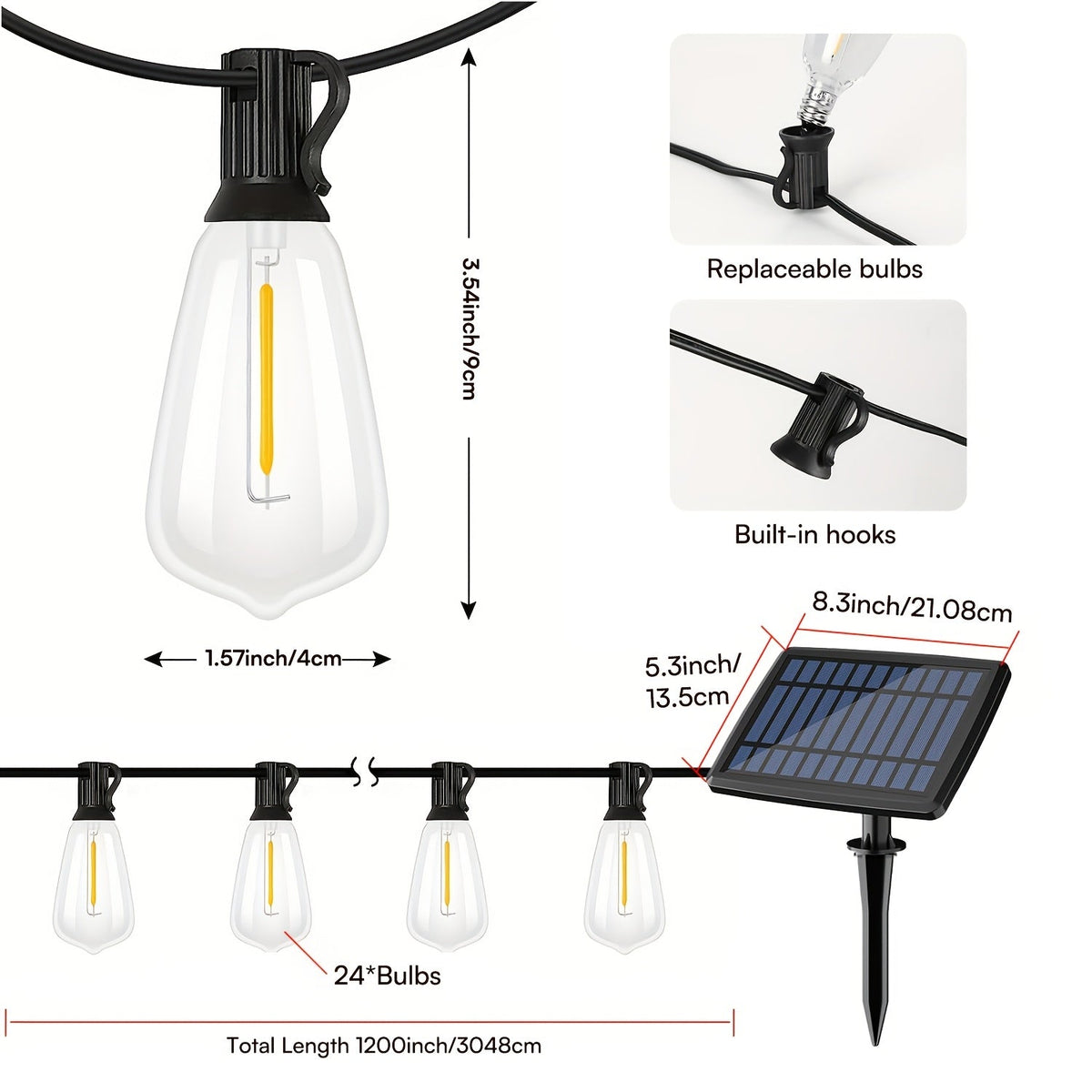 Guirlande lumineuse LED solaire étanche pour extérieur 15 m & 30 m – Ampoules ST38 incassables et intensité réglable, chargement USB-C & solaire, 4 modes, pour terrasse, jardin, piscine, mariage, camping et décoration de Noël