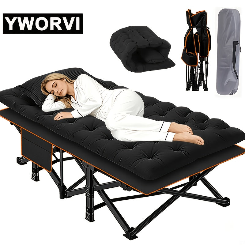 Lit de camping pliant avec matelas et poches latérales – Lit de camp portable robuste pour adultes, lit d'appoint pliable pour le camping, l'extérieur, la terrasse, le bureau ou la chambre d'amis