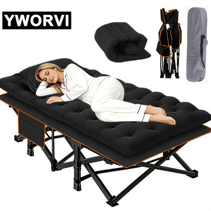 Lit de camping pliant avec matelas et poches latérales – Lit de camp portable robuste pour adultes, lit d'appoint pliable pour le camping, l'extérieur, la terrasse, le bureau ou la chambre d'amis