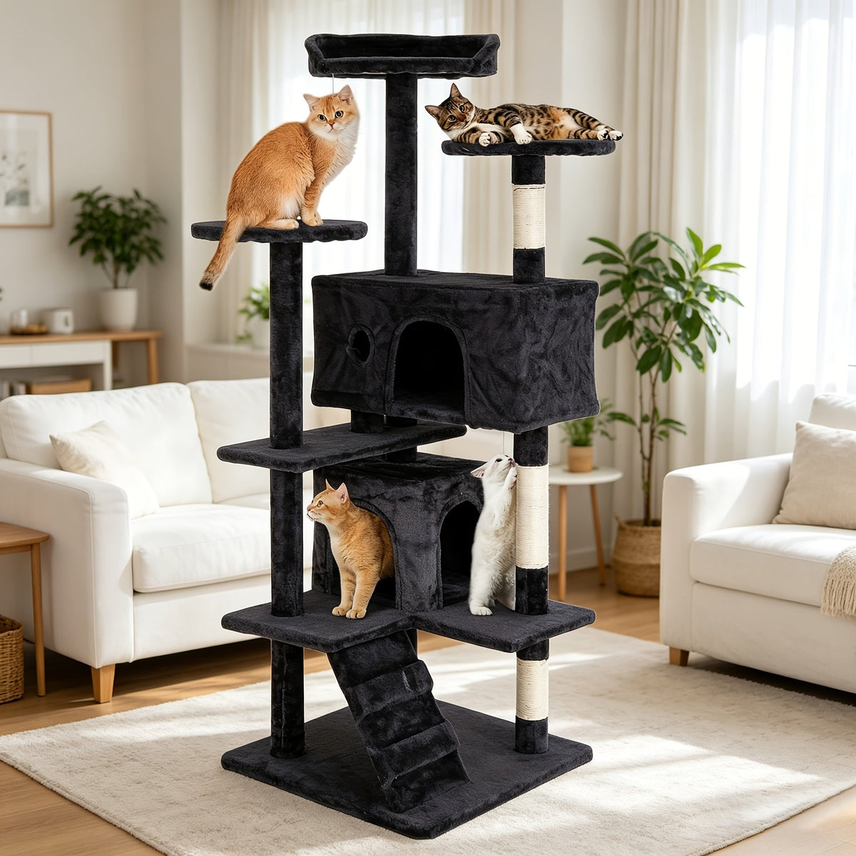Arbre à chat de 137 cm pour chats d'intérieur – Centre d'activités à plusieurs niveaux avec poteaux à griffer, niche et jouets pour chatons et chats adultes, gris foncé