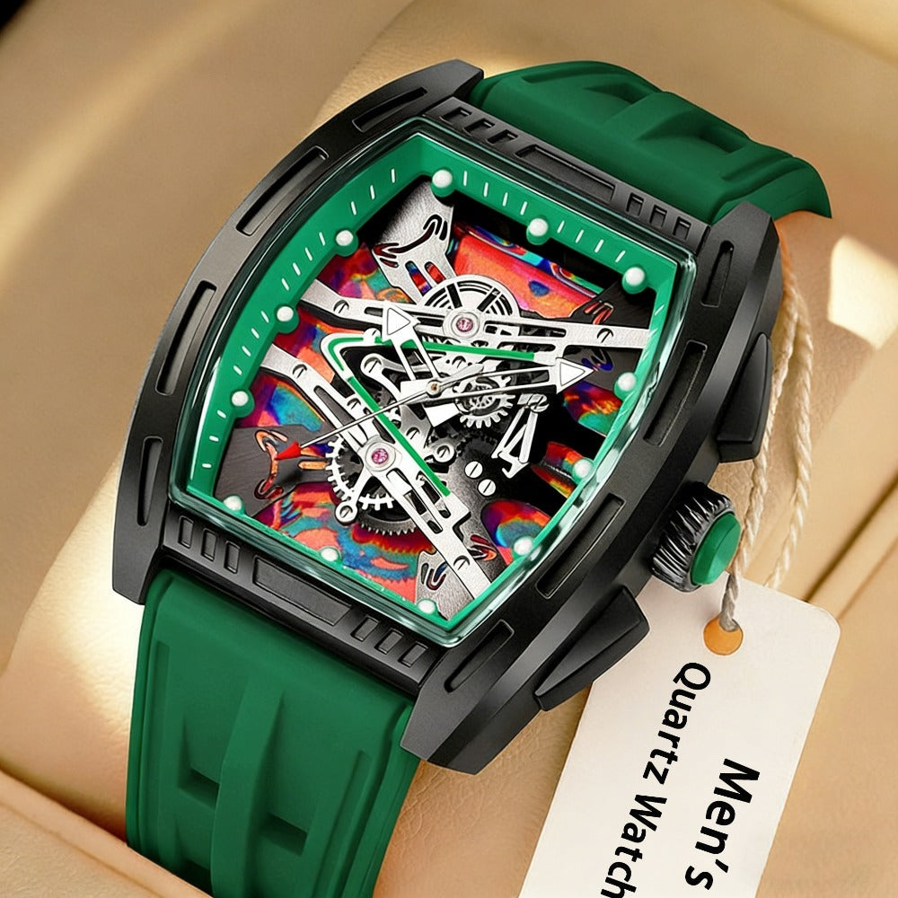 Montre quartz pour homme forme tonneau – Style rétro vintage, bracelet en silicone, montre élégante pour le travail, montre analogique de luxe pour homme disponible en 5 couleurs (blanc, noir, rouge, bleu, vert), cadeau d'anniversaire ou de fête pour lui