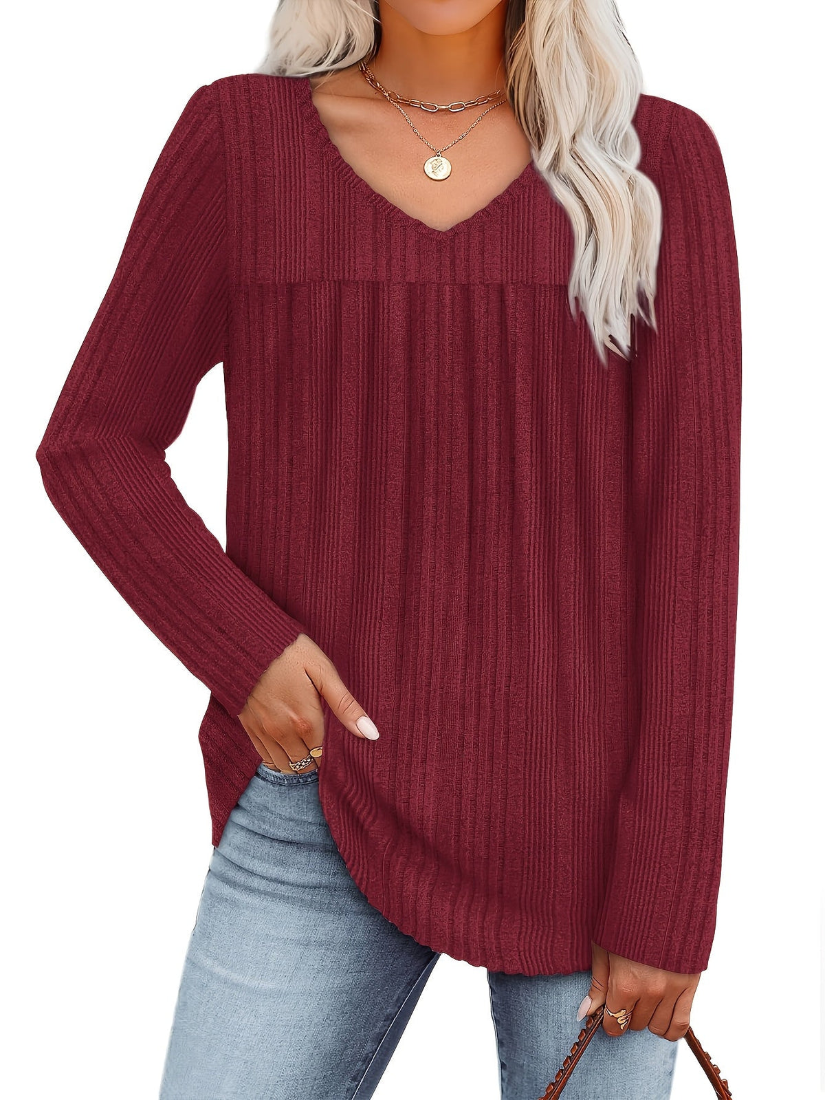 Haut-pull à manches longues et col en V pour femme – Chemisier décontracté et léger à pli frontal, chemise élégante et ample, plusieurs couleurs, tailles S à XXL