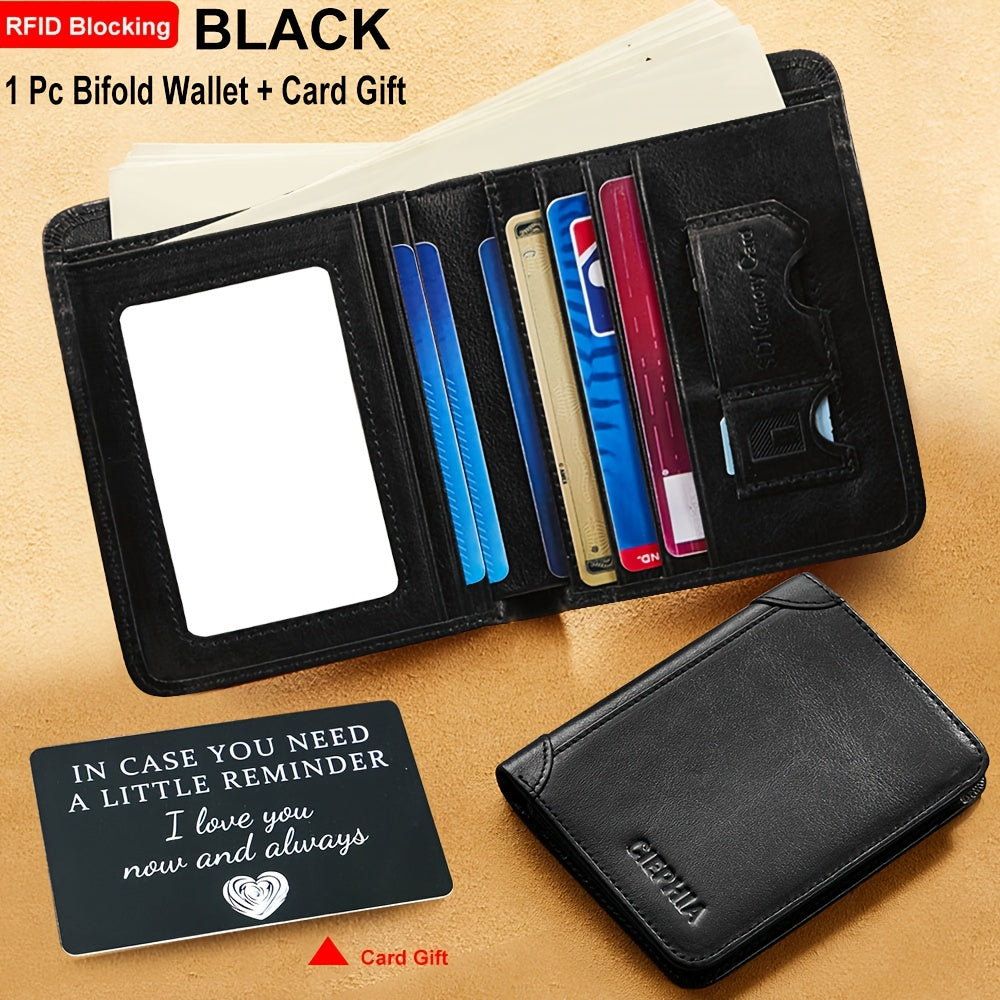 Portefeuille pour homme en cuir véritable avec protection RFID, trois volets, cuir de vachette vintage, porte-cartes de crédit, 2 fenêtres pour carte d'identité, pince à billets, emplacements pour espèces, cadeau de fête des pères pour papa ou mari