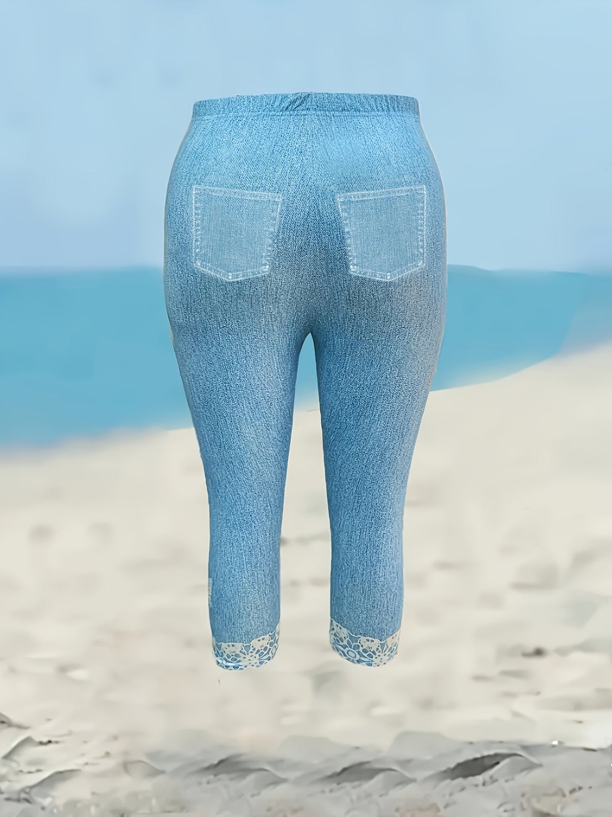 Pantalon Capri en jean pour femme à motif papillon – Legging stretch coupe ajustée mi-long avec bordure en dentelle, bleu ciel, bas élégant et décontracté, toutes saisons, tailles S-XXL