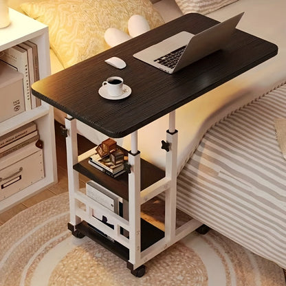 Table pour ordinateur portable réglable en hauteur avec 4 roulettes et double étagère – Bureau poste de travail mobile pour chevet, dortoir, bureau, salon, structure en acier robuste, design gain de place