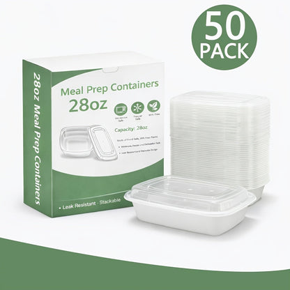Récipients de préparation de repas 828 ml (28 oz), lot de 50 ou 150 avec couvercles – Boîtes à lunch Bento jetables en plastique à 1 compartiment, sans BPA, étanches, empilables, compatibles micro-ondes, lave-vaisselle et congélateur
