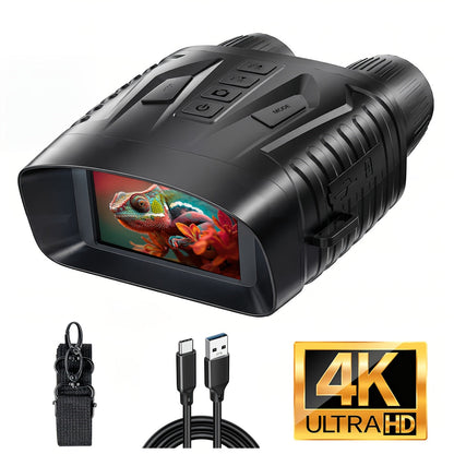 Jumelles de vision nocturne 4K pour adultes, appareil photo 48 MP, écran 3,1 pouces, batterie rechargeable 4400 mAh, réglage IR à 7 niveaux, vision dans l'obscurité totale, vidéo 4K, carte 64 Go pour la chasse, la sécurité et le camping, 25 mm 50 mm