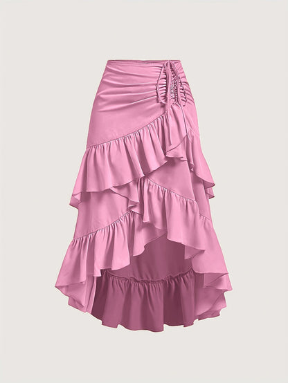 Women's Asymmetrical Pleated Hem Multi-Layer Midi Skirt – Flowy Chiffon-Style 100% Polyester Spring Fall Fashion Tiered Ruffle Swing Skirt