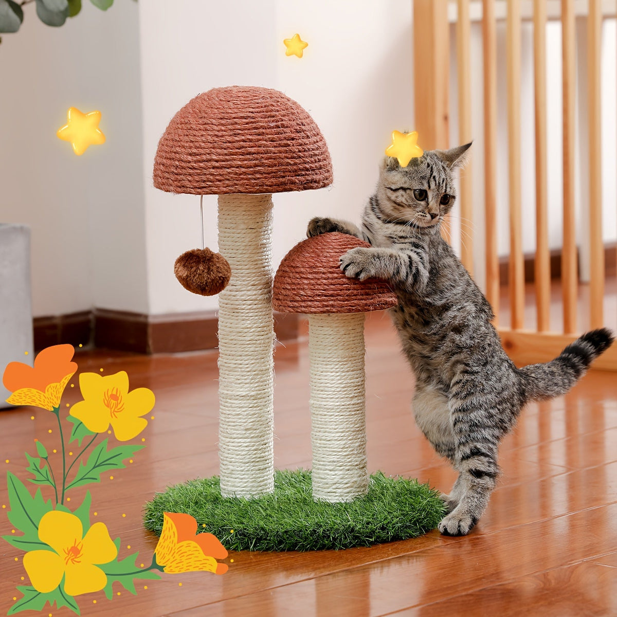 Arbre à chat à plusieurs niveaux avec poteau en sisal et jouets suspendus pour chats d'intérieur, tour d'escalade robuste et centre d'activités pour chats énergiques, disponible en gris et noir