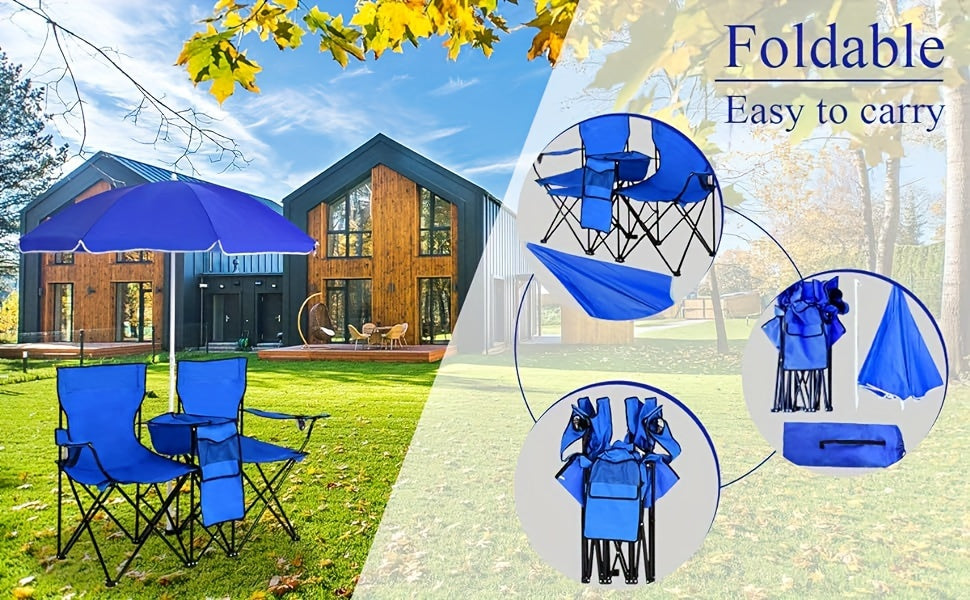 Ensemble de 2 chaises de plage pliantes avec parasol, table et sac isotherme – Chaise de pique-nique compacte et pliable pour la plage, le camping et les sorties en plein air, capacité de 122 kg par siège