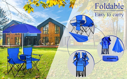 Ensemble de 2 chaises de plage pliantes avec parasol, table et sac isotherme – Chaise de pique-nique compacte et pliable pour la plage, le camping et les sorties en plein air, capacité de 122 kg par siège