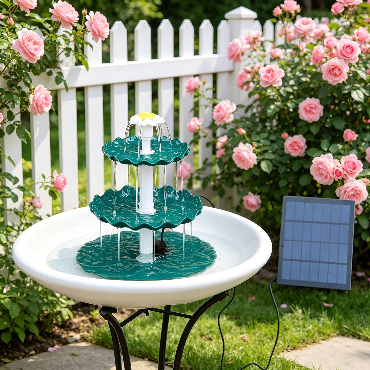Fontaine à oiseaux solaire à 3 niveaux 3,5 W – Pompe de fontaine solaire pour décoration de jardin ou cour extérieure, sans câblage, vert foncé, bleu clair ou fontaine seule, options à un ou trois niveaux