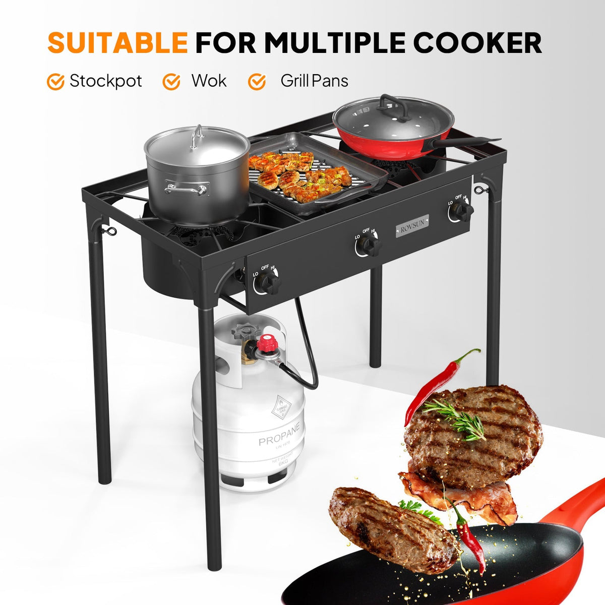 Réchaud à propane haute pression 100 000 - 225 000 BTU - Réchaud de camping extérieur robuste en fonte avec pieds détachables, régulateur certifié CSA, 1 ou 3 brûleurs pour le camping, les fêtes d'avant-match et le brassage