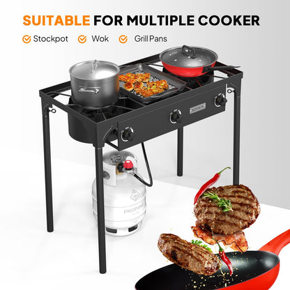 Réchaud à propane haute pression 100 000 - 225 000 BTU - Réchaud de camping extérieur robuste en fonte avec pieds détachables, régulateur certifié CSA, 1 ou 3 brûleurs pour le camping, les fêtes d'avant-match et le brassage