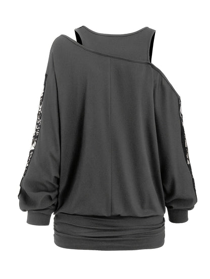 Lace Splicing Long Sleeve Top Women Casual Loose Knit Shirt Fall Winter Contrast Lace Panel Blouse Black Deep Red Olive Green Dark Gray S M L XL XXL