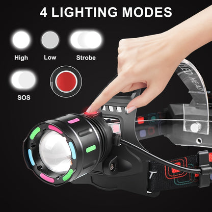 Lampe frontale LED rechargeable, 4 modes, focale réglable, inclinaison à 90°, feu arrière d'avertissement, pour le camping, la randonnée, l'aventure, les réparations d'urgence, lampe durable pour adultes