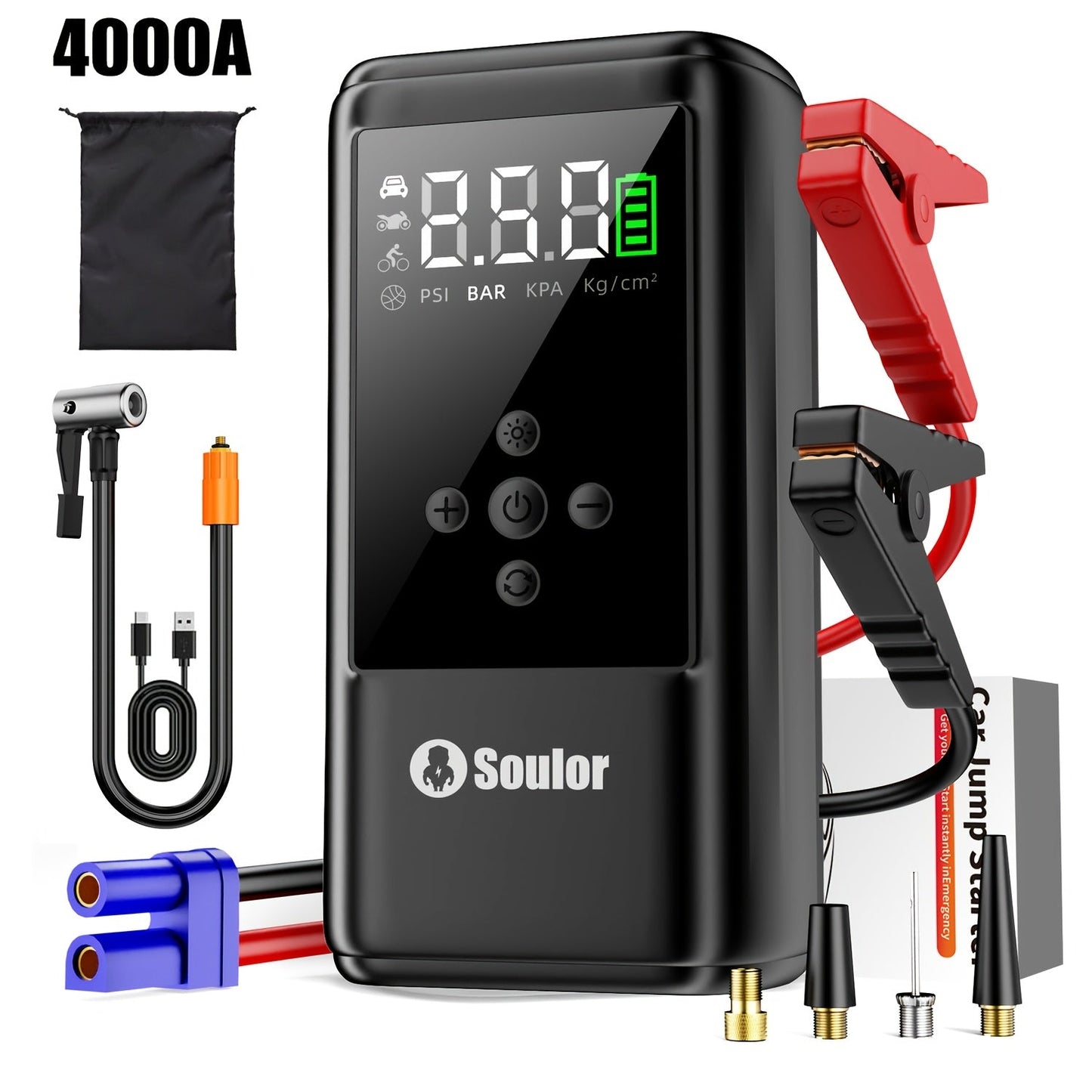 Portable Car Jump Starter 3000A-6000A – 12V Lithium Battery Booster Pack, Dual USB QC 3.0 Fast Charging Power Bank, LED Light & Compass, Fits All Gas Engines