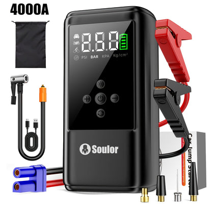 Portable Car Jump Starter 3000A-6000A – 12V Lithium Battery Booster Pack, Dual USB QC 3.0 Fast Charging Power Bank, LED Light & Compass, Fits All Gas Engines