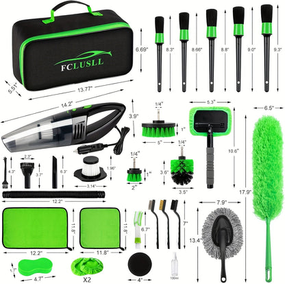 Kit de nettoyage automobile 17-35 pièces – Aspirateur portable, outil de nettoyage de pare-brise, jeu de brosses pour perceuse et ensemble de brosses pour habitacle pour un detailing complet, cadeau de fêtes pour la famille et les amis