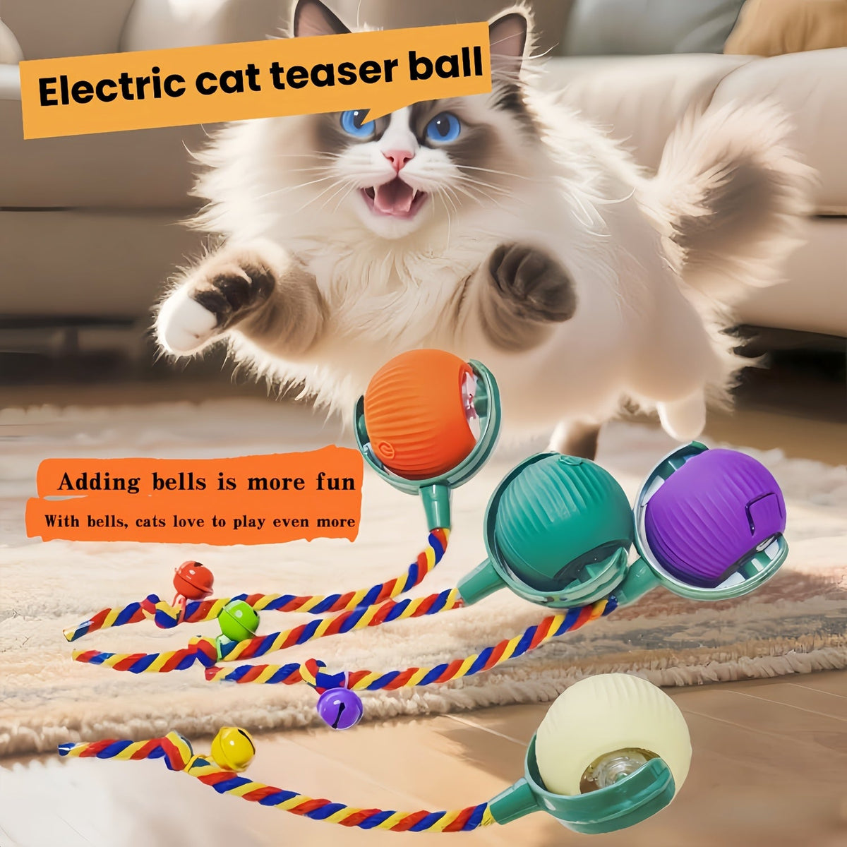 Balle jouet automatique rechargeable pour chat avec grelot et queue colorée – Jouet électrique intelligent anti-ennui pour chats et chiens, jouet interactif auto-mobile, jeu d'intérieur amusant pour chatons et chiots