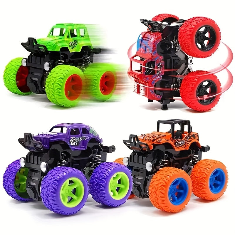 Lot de 4 camions monstres à friction pour tout-petits et enfants de 3 ans et plus - Voitures à inertie « Push & Go » avec rotation à 360°, conduite bidirectionnelle, ensemble de mini véhicules durables, cadeau d'anniversaire, couleur aléatoire