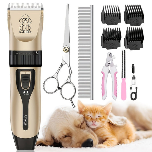 Dual-Speed Silent Dog Grooming Kit Rechargeable Cordless Pet Hair Clipper Trimmer Shaver Low-Noise for Small Large Dogs Cats All Animals Golden