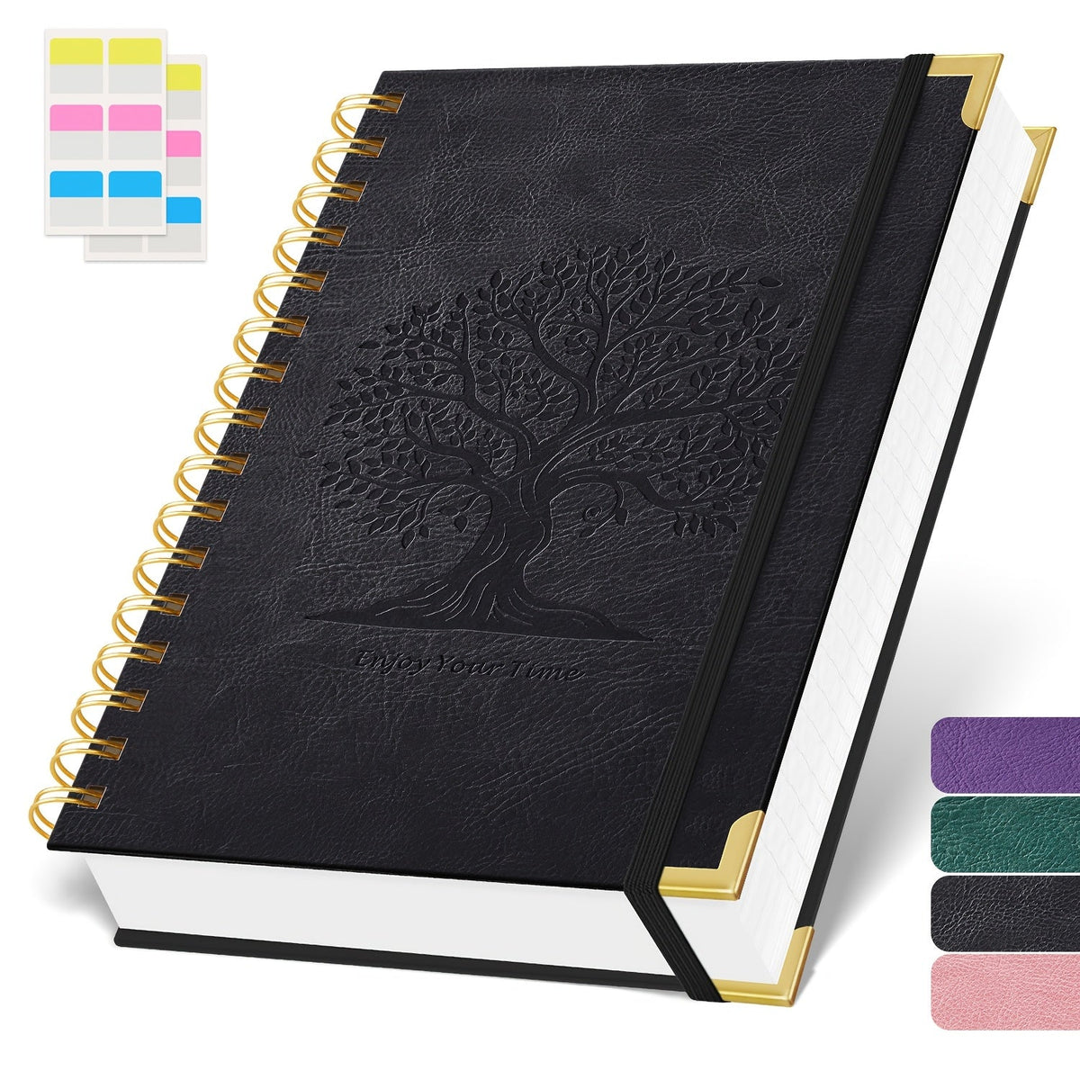 Cahier à spirales format A5 à couverture rigide, 300 pages – Papier épais 100 g/m² anti-transparence, carnet à couverture en cuir pour l'université, le travail et l'écriture – Pour hommes et femmes (Rose, Noir, Vert, Violet)