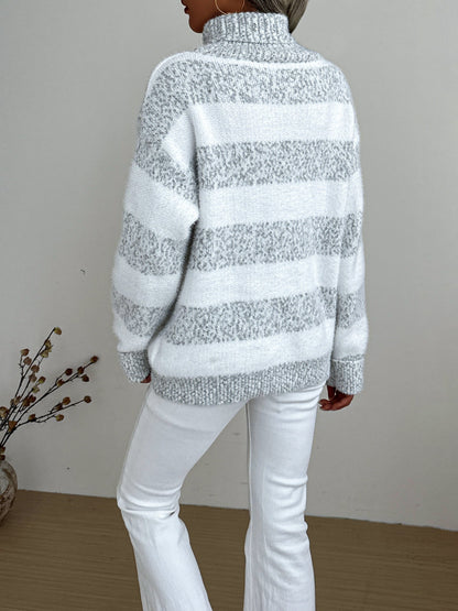 Pull col montant en fausse fourrure de vison pour femme - Pull rayé ample et épais | Haut en tricot, sous-couche ou vêtement d'extérieur chaud pour l'automne et l'hiver