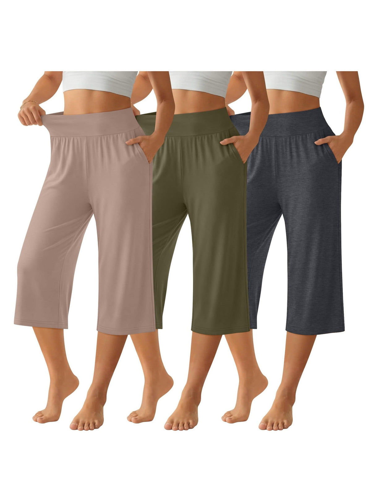 Lot de 3 pantalons Capri pour femme – Pantalons de jogging amples style détente, coupés avec poches et taille élastique, pantalon Capri de yoga pour le printemps, l'été, l'automne et les tenues décontractées du week-end