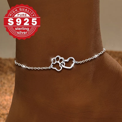 Chevillère cœur et patte en argent sterling S925 pour femme – Bijou de plage bohème vintage et élégant, parfait pour les vacances et le quotidien, cadeau idéal pour la Saint-Valentin et les anniversaires