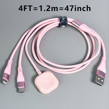 Câble de charge 3 en 1 avec chargeur magnétique pour iWatch – Cordon de charge rapide USB-A vers Lightning et Type-C en nylon tressé, 120 cm, compatible avec iPhone, Apple Watch Series 1-10 et téléphones Android