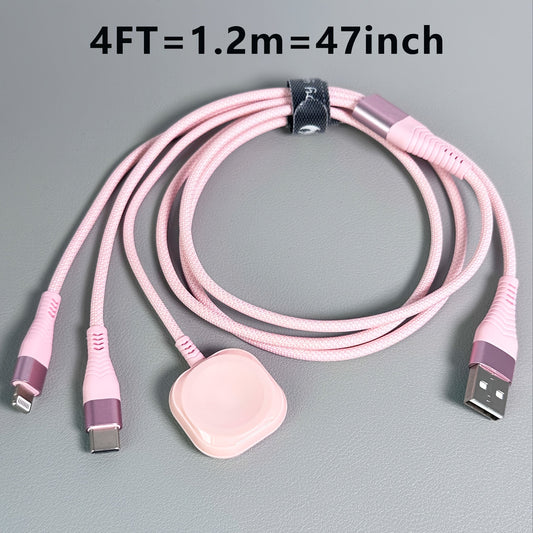 Câble de charge 3 en 1 avec chargeur magnétique pour iWatch – Cordon de charge rapide USB-A vers Lightning et Type-C en nylon tressé, 120 cm, compatible avec iPhone, Apple Watch Series 1-10 et téléphones Android