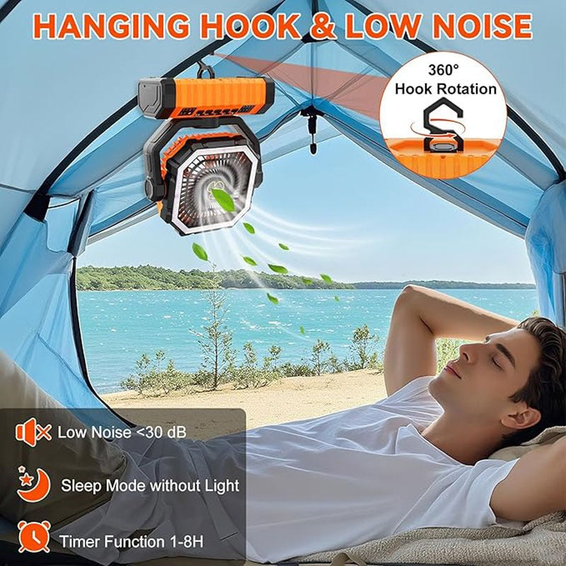 Ventilateur de camping 20000 mAh avec lanterne LED, rechargeable, oscillant, 4 vitesses et minuterie - Ventilateur de tente portable pour le camping, les véhicules récréatifs, les chantiers et les pannes de courant