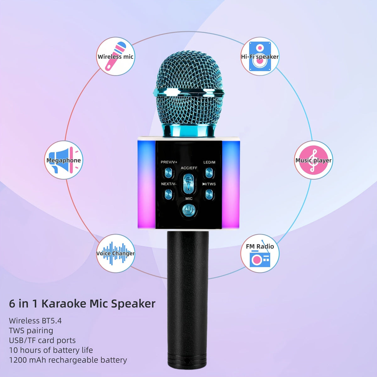 Microphone karaoké sans fil 5-en-1 avec haut-parleur intégré, lumières LED et changeur de voix – Micro de chant Bluetooth portable pour fêtes, réunions de famille, voyages et activités en plein air, 10 couleurs