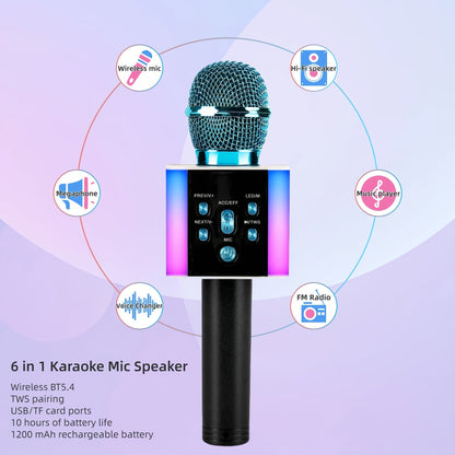 Microphone karaoké sans fil 5-en-1 avec haut-parleur intégré, lumières LED et changeur de voix – Micro de chant Bluetooth portable pour fêtes, réunions de famille, voyages et activités en plein air, 10 couleurs