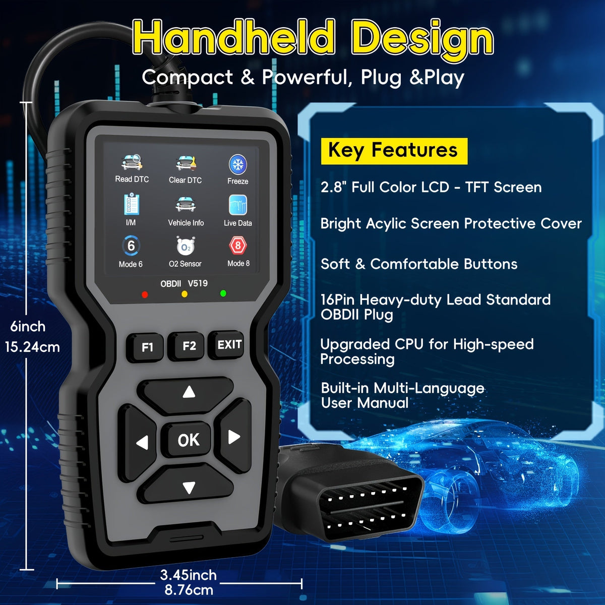 Outil de diagnostic OBD2, lecteur de codes défaut moteur universel avec fonction de réinitialisation, modes 6 & 8, test de préparation I/M – Compatible avec toutes les voitures, camions et SUV OBDII depuis 1996 – Gris