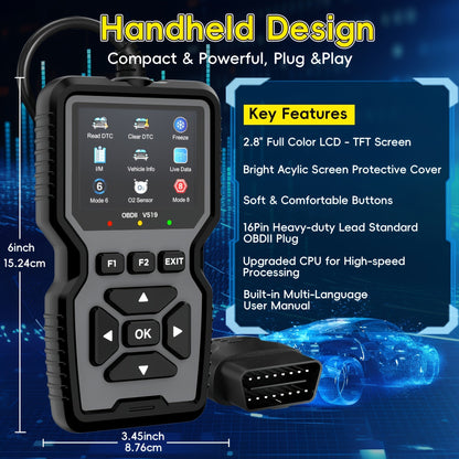 Outil de diagnostic OBD2, lecteur de codes défaut moteur universel avec fonction de réinitialisation, modes 6 & 8, test de préparation I/M – Compatible avec toutes les voitures, camions et SUV OBDII depuis 1996 – Gris