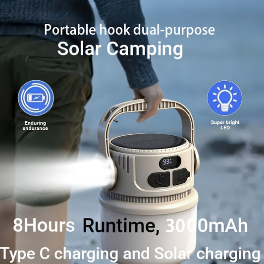 Lanterne de camping LED solaire rechargeable 6 modes - Batterie externe USB, crochet, autonomie 4-8 heures, éclairage extérieur portable pour camping sous tente, randonnée, alpinisme et urgence