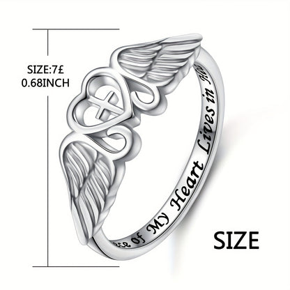 Bague commémorative aile d'ange en argent sterling S925 – Une partie de mon cœur vit au ciel, plaquée rhodium, cadeau de sympathie pour la perte d'une maman, d'un papa, d'un grand-parent, d'une fille ou d'un fils, tailles 5-10