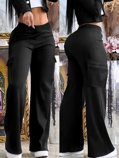 Pantalon large pour femme noir – Pantalon décontracté taille haute à enfiler avec poches, coupe droite et ample pour le bureau, le business casual et le quotidien, tailles XS-XXL