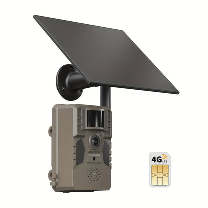 Caméra de chasse 4G sans Wi-Fi 2K 1440P à énergie solaire – Carte SIM intégrée, vision nocturne 23 m, déclenchement 0,2 s, batterie 7800 mAh, caméra de surveillance et de chasse extérieure sans fil pour zones isolées