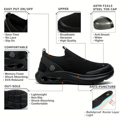 Chaussures de sécurité pour hommes à embout en acier, légères et à enfiler, baskets de sécurité résistantes à la perforation, mocassins antidérapants, noir gris bleu, tailles US 5,5-14
