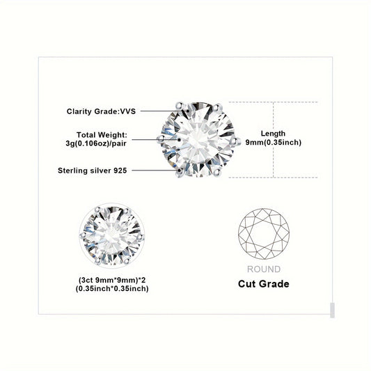 Moissanite Stud Earrings 925 Sterling Silver Round Cut Brilliant Sparkle 0.6ct to 6ct Platinum Plated Wedding Engagement Fine Jewelry for Women Girls Daily Prom Party