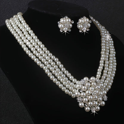 Parure de luxe collier et boucles d'oreilles pour femme – Bijoux plaqués argent perlés pour mariage, soirée et spectacle, accessoires de robe élégants