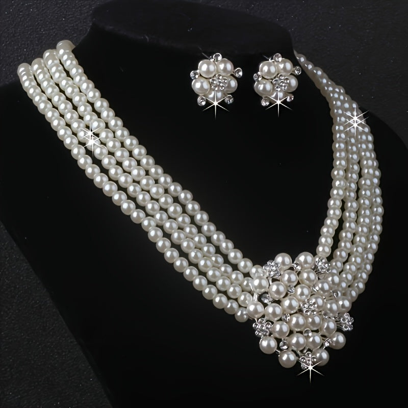 Parure de luxe collier et boucles d'oreilles pour femme – Bijoux plaqués argent perlés pour mariage, soirée et spectacle, accessoires de robe élégants