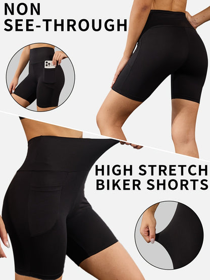 Lot de 5 shorts de cyclisme taille haute pour femme avec poches | Gainant et opaque | Short de sport pour yoga, course et entraînement, entrejambe de 15 cm | Stretch doux | XS-XXL | Couleurs assorties