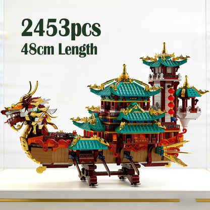 Ensemble de construction du Festival des bateaux-dragons de 2453 pièces - Modèle de briques ABS à grande échelle, niveau d'assemblage intermédiaire | Pièce d'exposition culturelle unique et cadeau pour Noël, Thanksgiving, Halloween et le Nouvel An