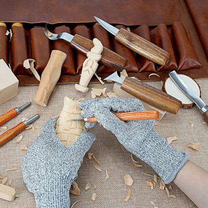 Ensemble de couteaux de sculpture sur bois, étui en polyuréthane, kit de 15 à 23 pièces, ciseau, couteau à crochet, couteau de précision, couteau géométrique, gants de sécurité, cuir à rasoir, bloc de tilleul, cadeau d'artisanat