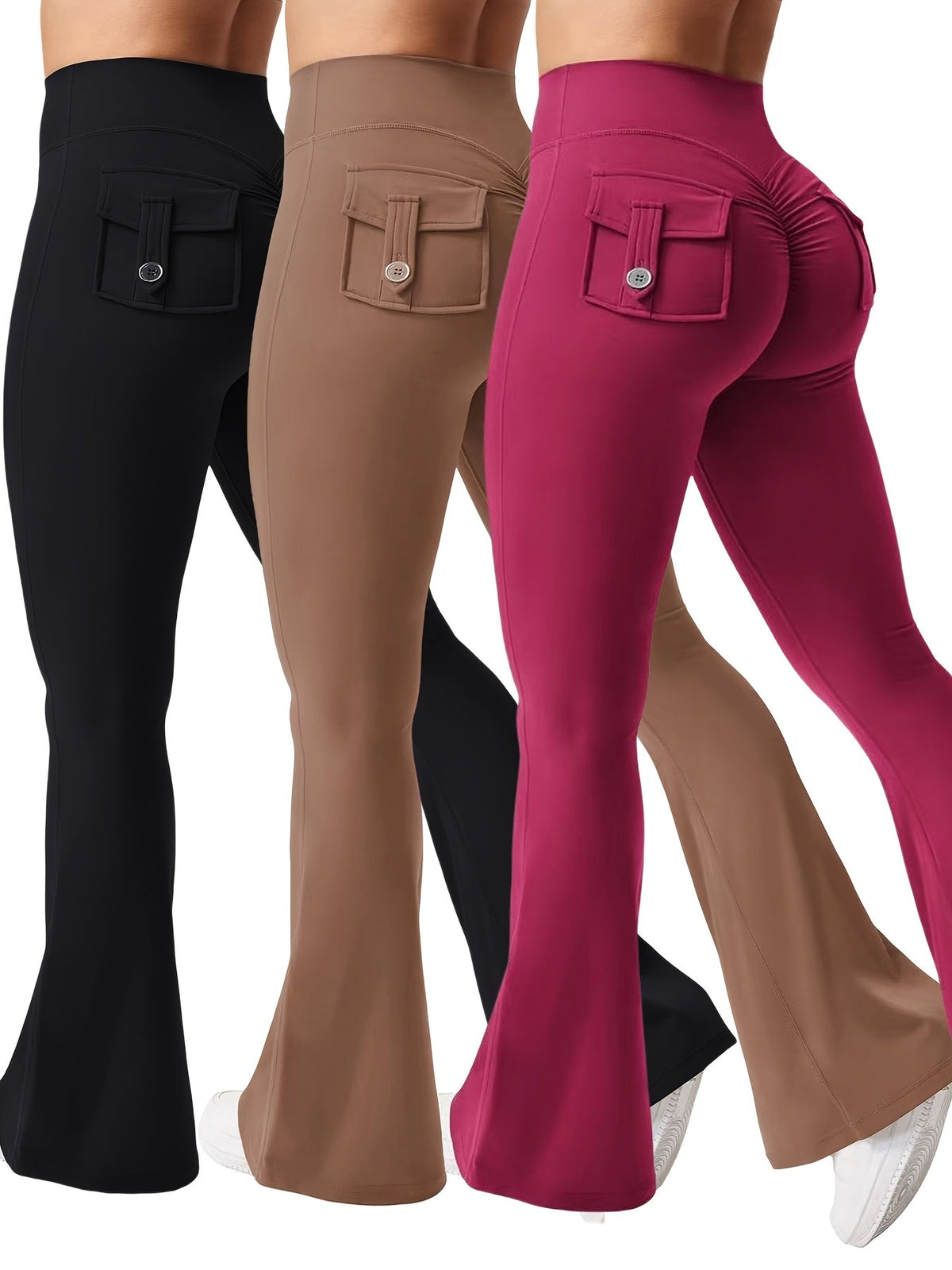 Ensemble 3 pièces pour femme : pantalon de yoga évasé à taille haute avec ceinture et poches, legging galbant effet push-up, squat-proof, 90 % polyester extensible, coupe évasée pour le sport, la gym, la course et le quotidien